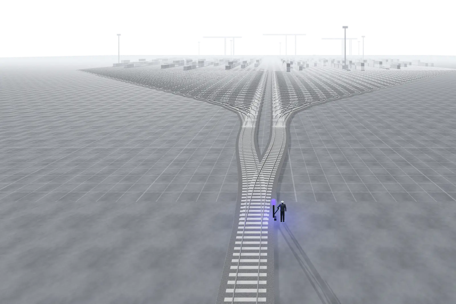 An elevated view down a freight yard. One worker stands at a track switch with a hand on the lever; the tracks it sets are lit blue across half the yard.